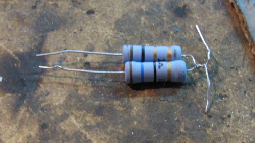 (continued) The resistors came as a two-pack and were $1.25 each ($3.50 total for 4 resistors).

My "resistor pack".  I wrapped the wires together so they will be in series...
