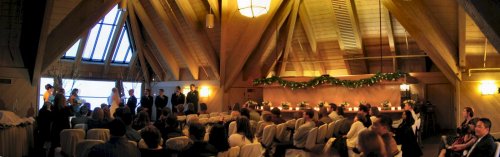 Panoramic view of the ceremony room, The Raven's Nest, at Timberline lodge.
