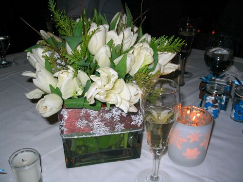 Table arrangements.  Blue and white M&Ms with custom print were nice.
