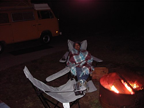 Antonette relaxing next to the camp fire after Ronin went to bed.
