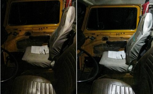 Stock on left, LED on right.  Front light on only, viewing into the front cabin from the left side (driver's side for you North American volk).
