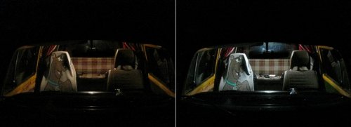 Stock on left, LED on right.  Looking into the front of the Bus.
