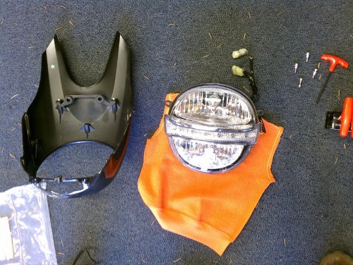 All apart and ready to go!  The headlight fairing is two pieces.
