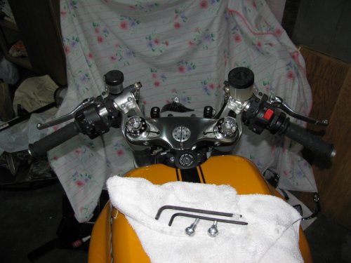 Hi-risers and controls installed, ready to put the bike back together.
