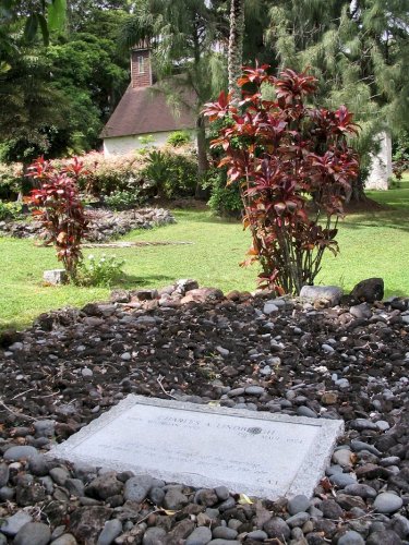 The tomb stone reads:
Charles A. Lindbergh
Born Michigan 1902   Died Maui 1974
"...If I take the wings of the morning
and dwell in the uttermost parts of the sea..."  C.A.L.
