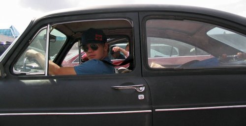 Took a break at the mall.  Here Bob is practicing his James Dean cool look in the parking lot :-p
