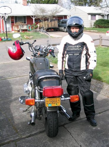 Antonette in her new helmet, textile jacket, and boots, ready for some riding!  The gloves and pants are mine, to keep her warm on the chilly March cruise.
